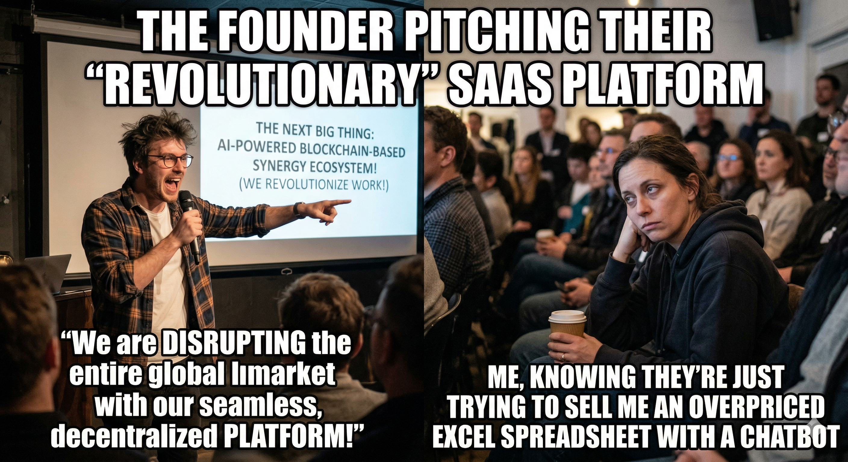 Founder sales pitch meme contrasting hype and buyer skepticism